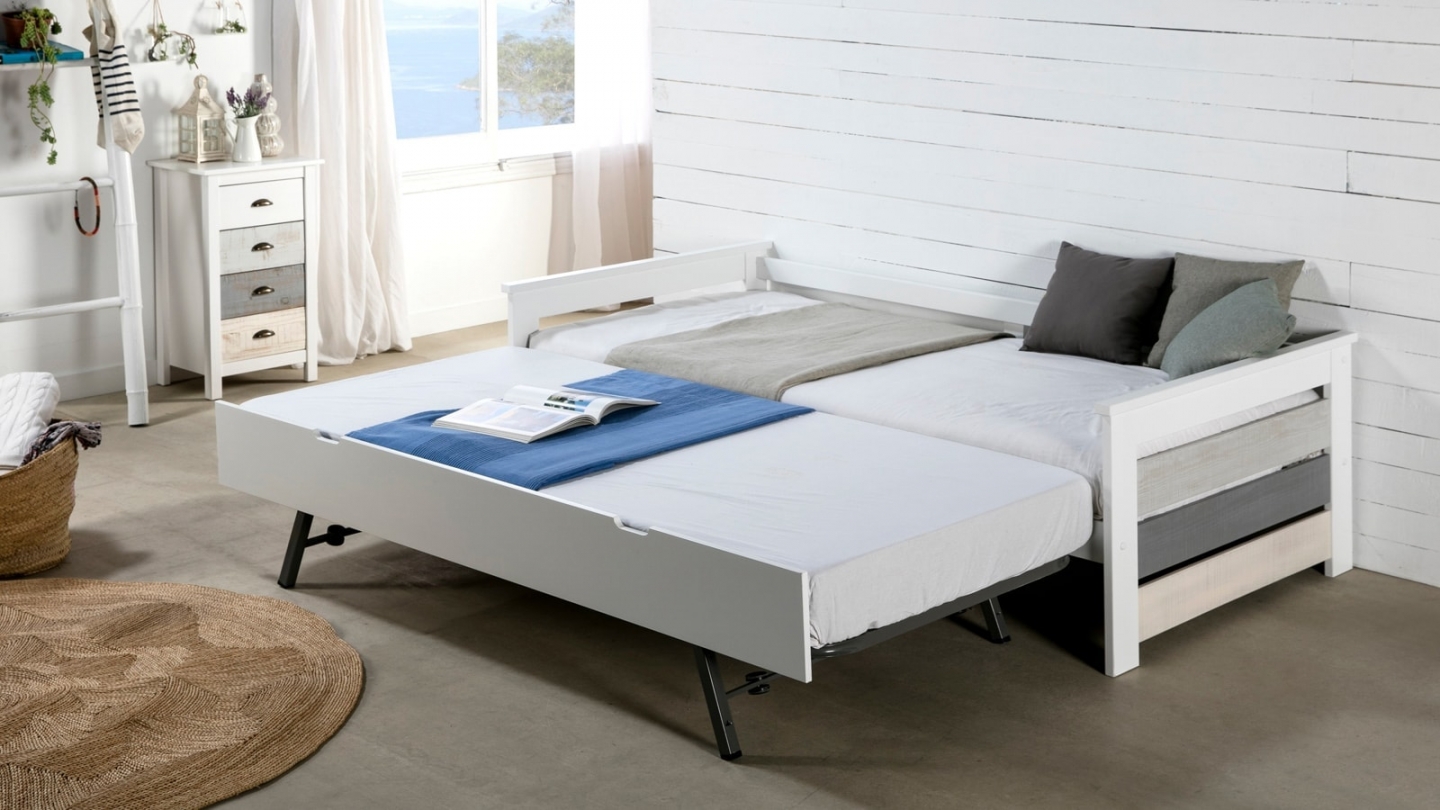 Lit gigogne adulte 90x190 cm en bois blanc / gris - Isaline