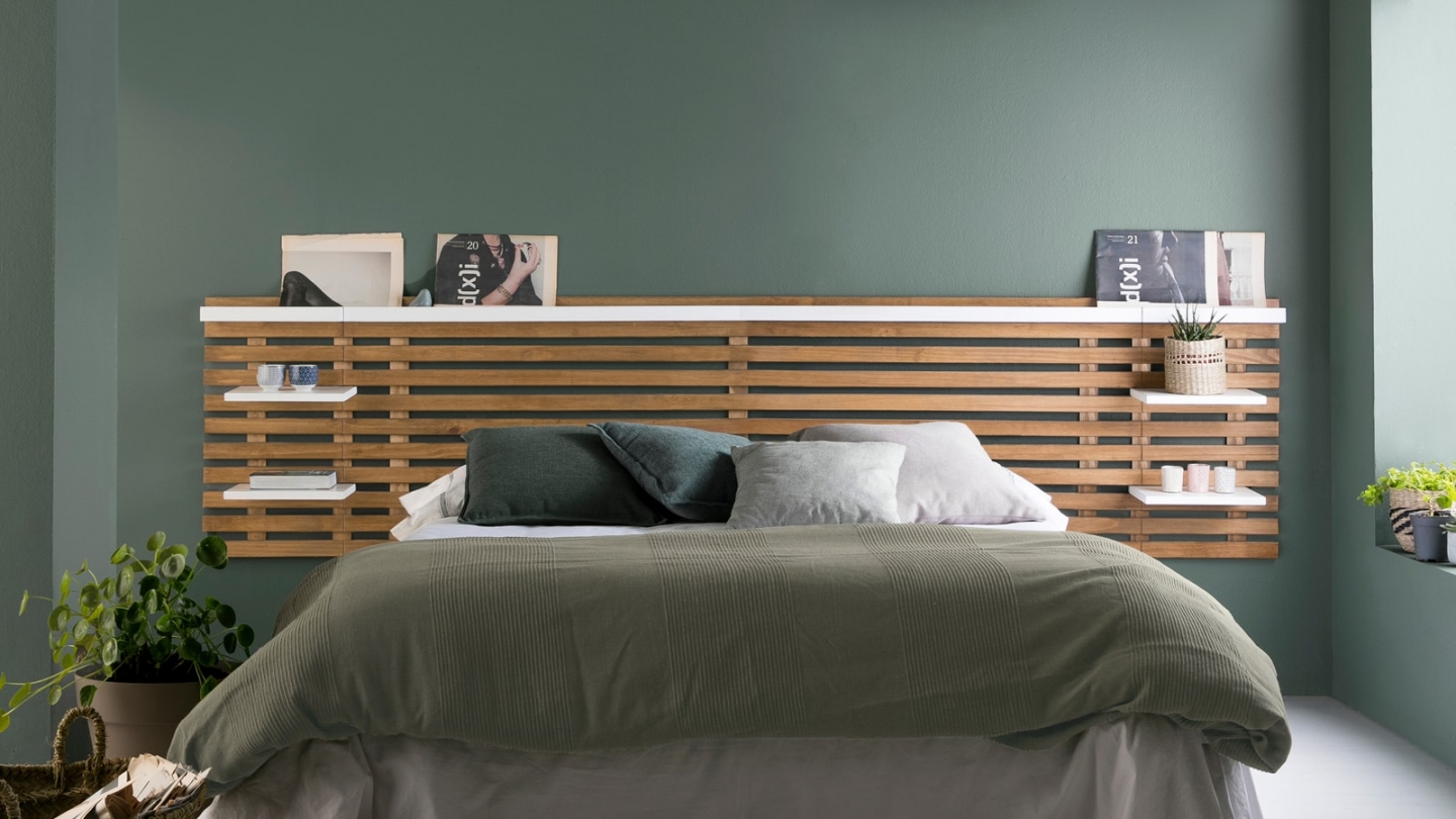 Tête de lit adulte en lattes de bois clair / blanc 240 cm avec chevets intégrés - Essenza