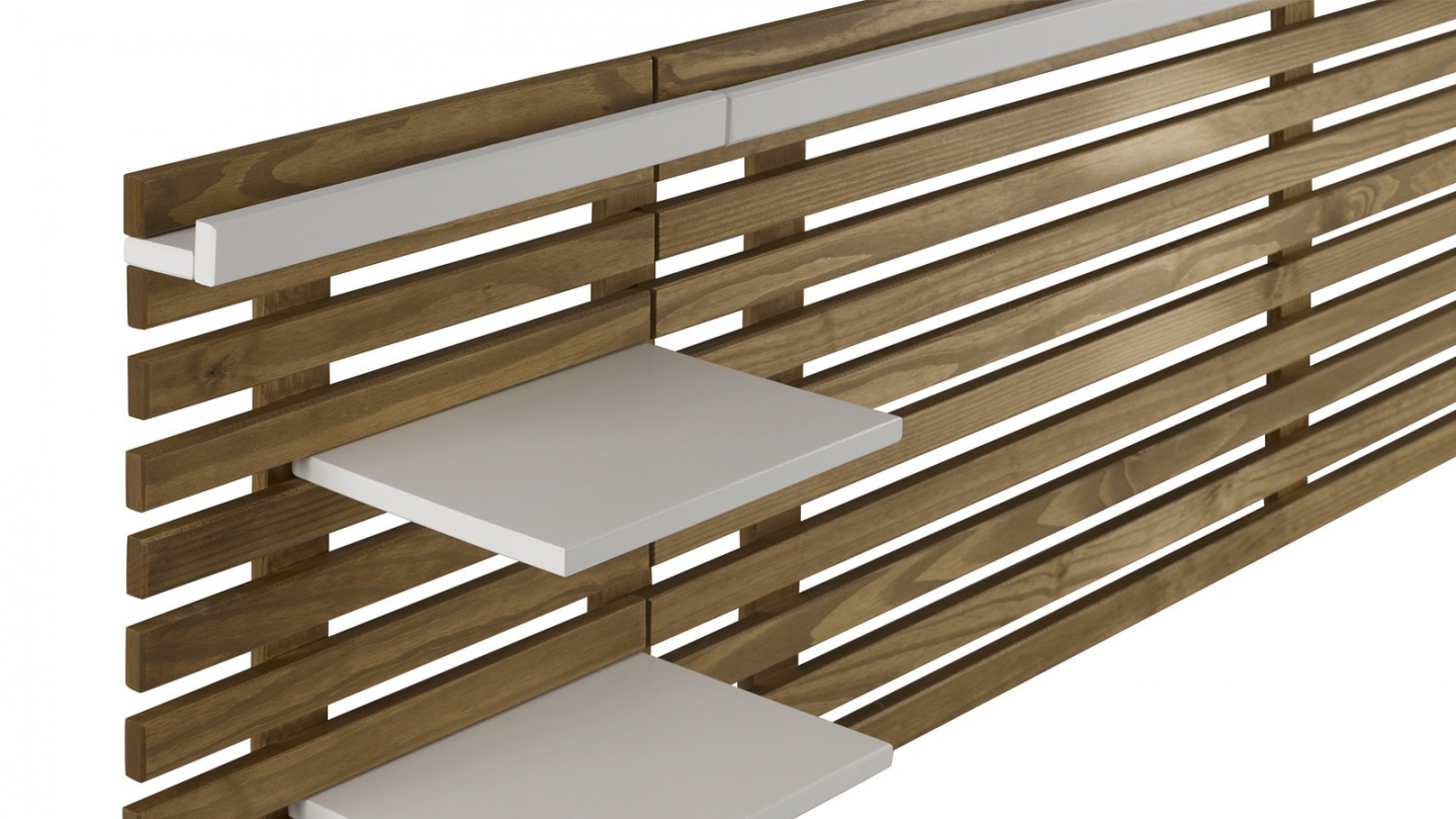 Tête de lit adulte en lattes de bois clair / blanc 240 cm avec chevets intégrés - Essenza