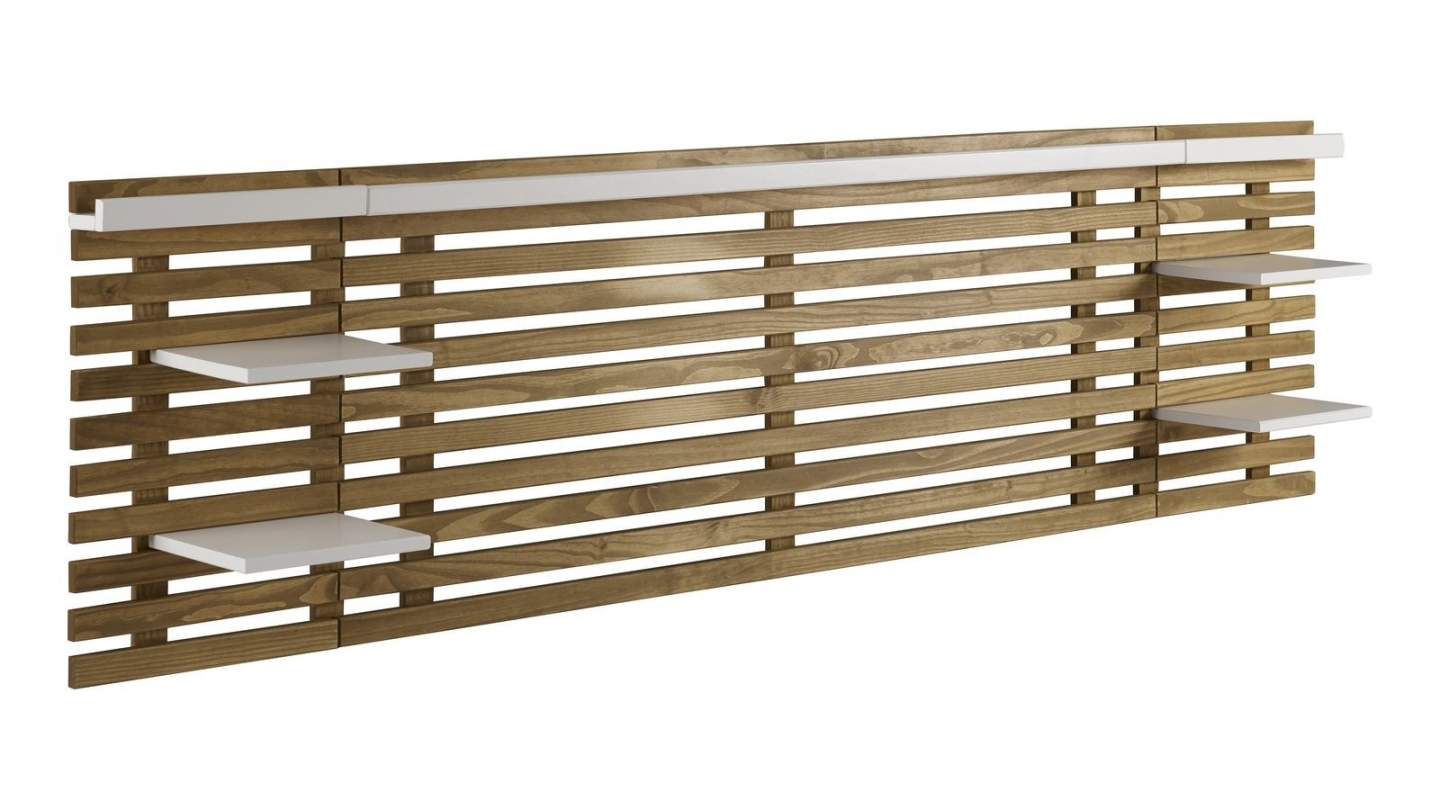 Tête de lit adulte en lattes de bois clair / blanc 240 cm avec chevets intégrés - Essenza