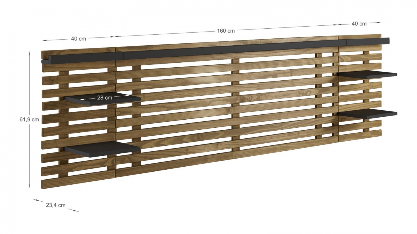Tête de lit adulte en lattes de bois clair / noir 240 cm avec chevets intégrés - Essenza
