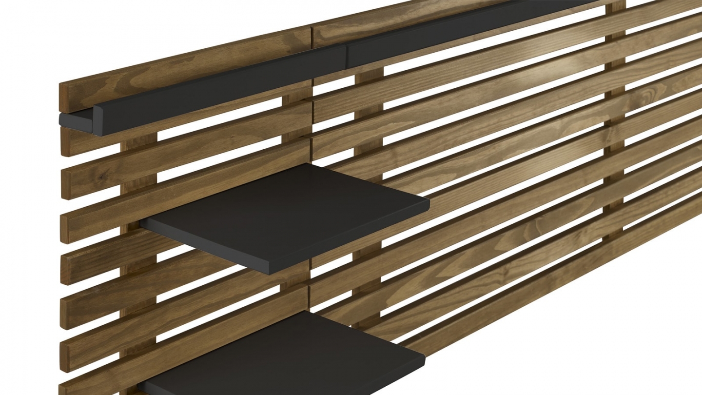 Tête de lit adulte en lattes de bois clair / noir 240 cm avec chevets intégrés - Essenza