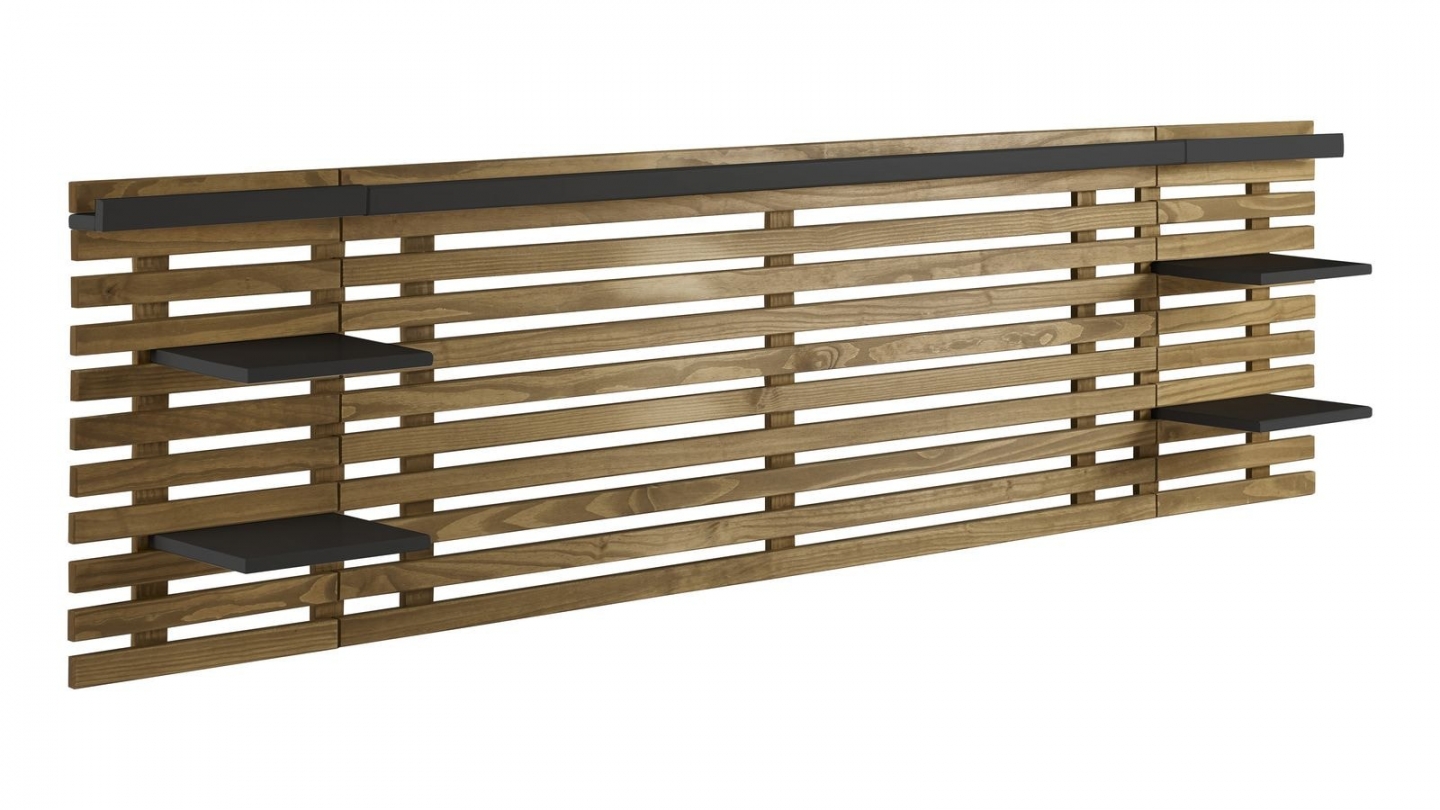 Tête de lit adulte en lattes de bois clair / noir 240 cm avec chevets intégrés - Essenza