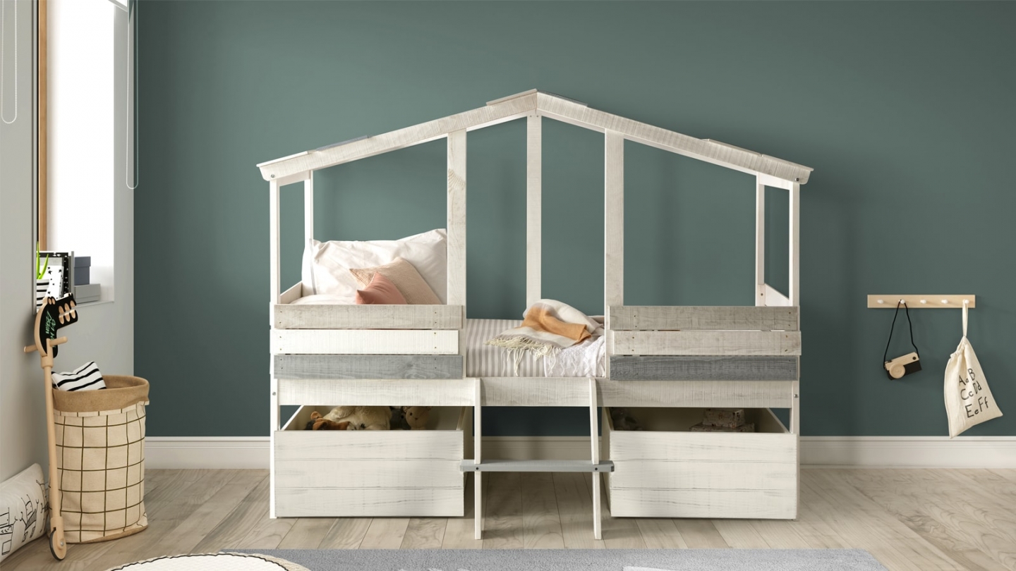 Lit cabane enfant rustique 90x190 cm en bois blanchi / gris - Martin
