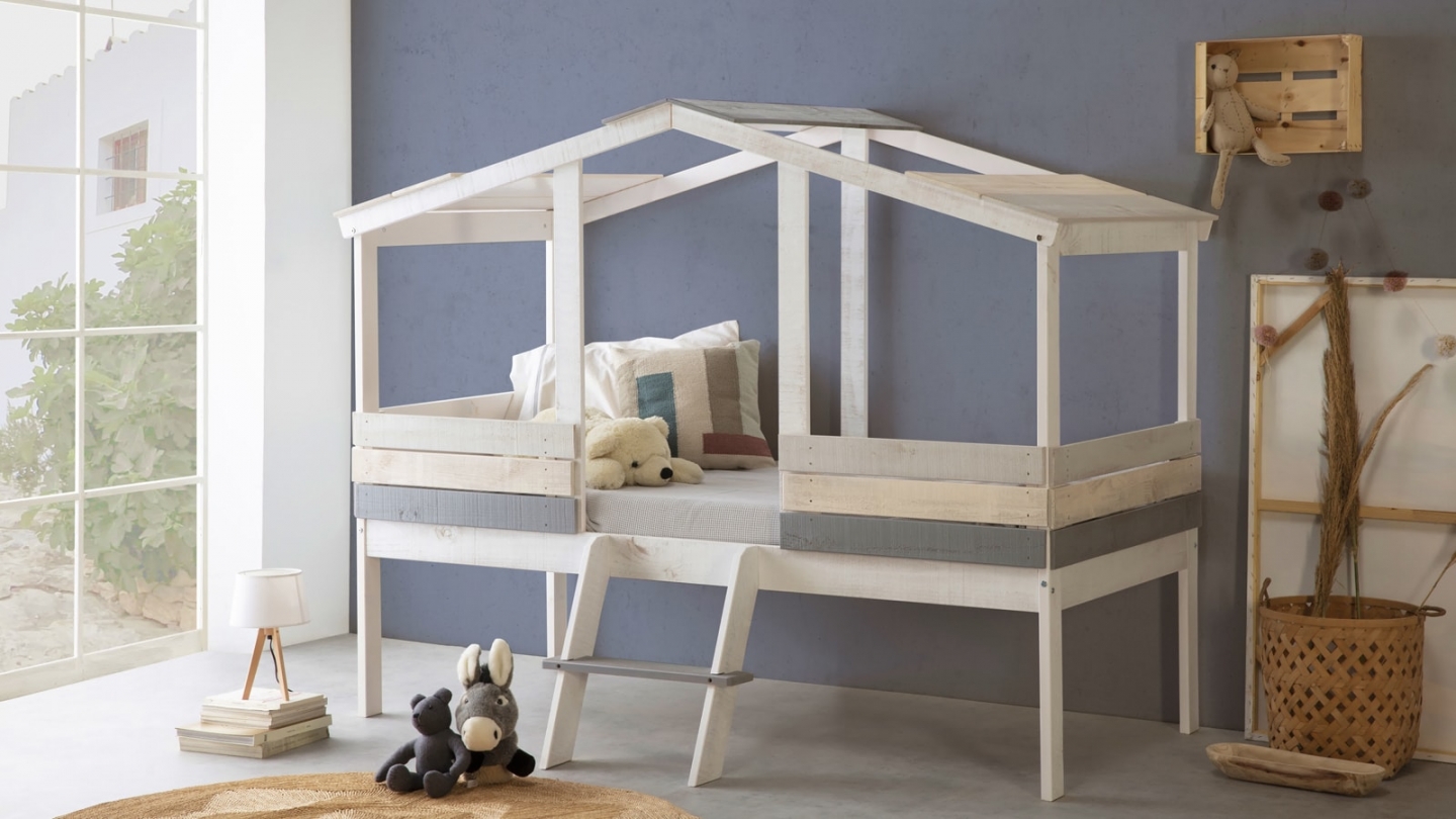 Lit cabane enfant rustique 90x190 cm en bois blanchi / gris - Martin