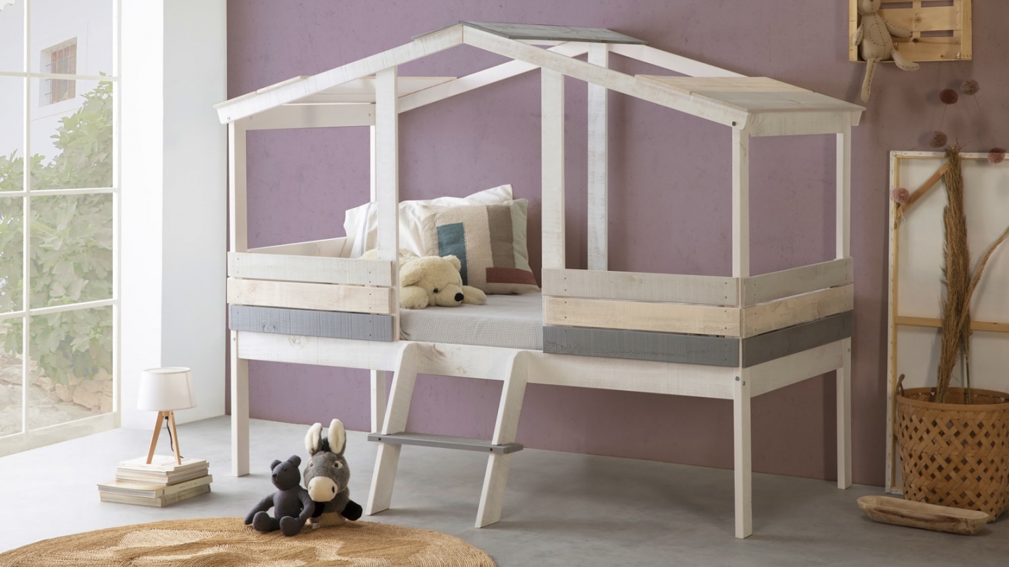 Lit cabane enfant rustique 90x190 cm en bois blanchi / gris - Martin
