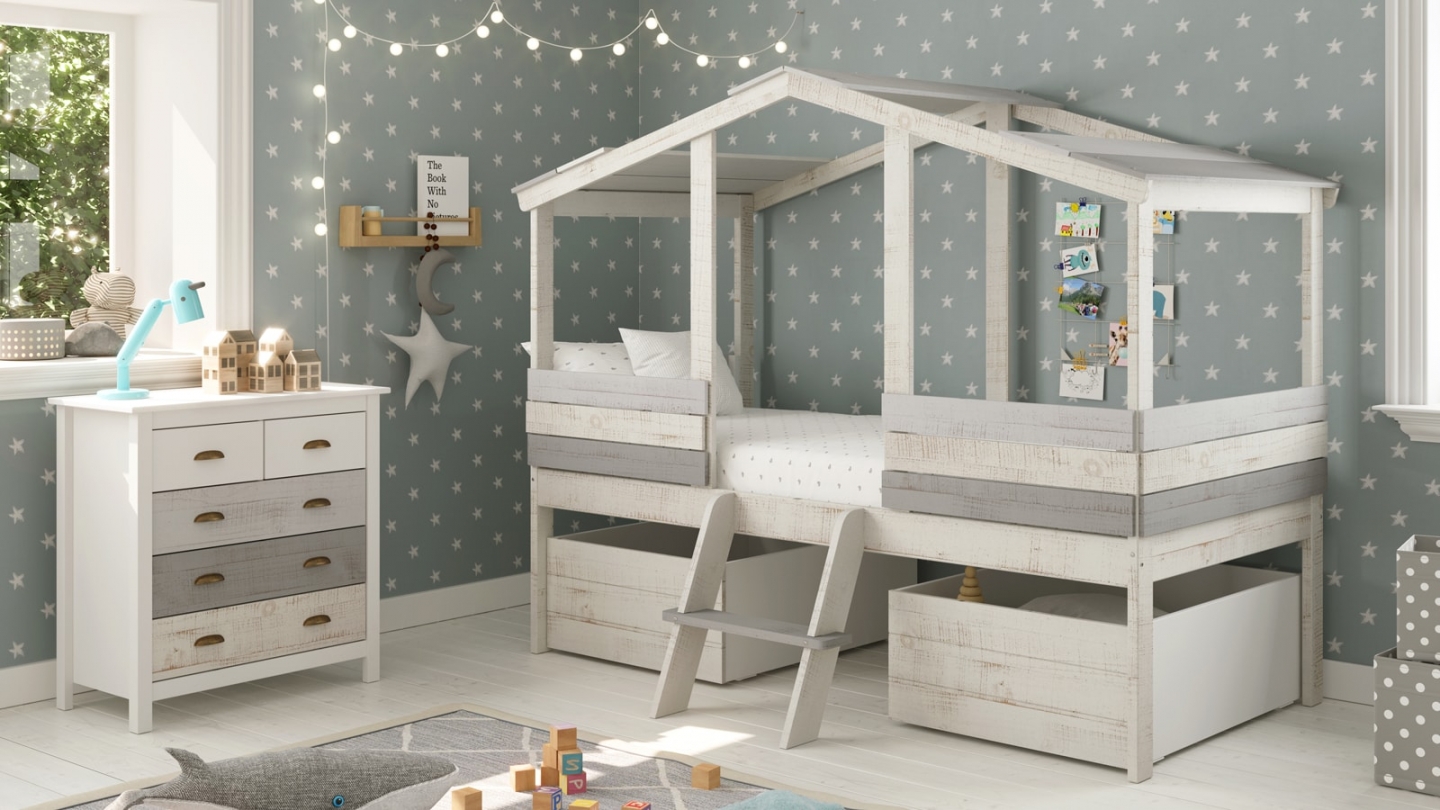 Lit cabane enfant rustique 90x190 cm en bois blanchi / gris - Martin