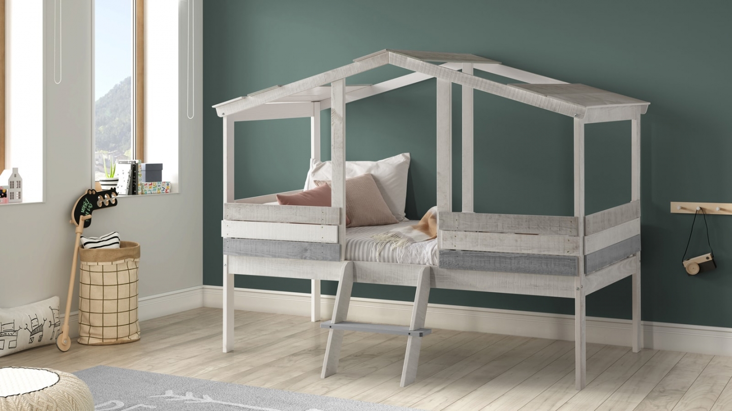 Lit cabane enfant rustique 90x190 cm en bois blanchi / gris - Martin