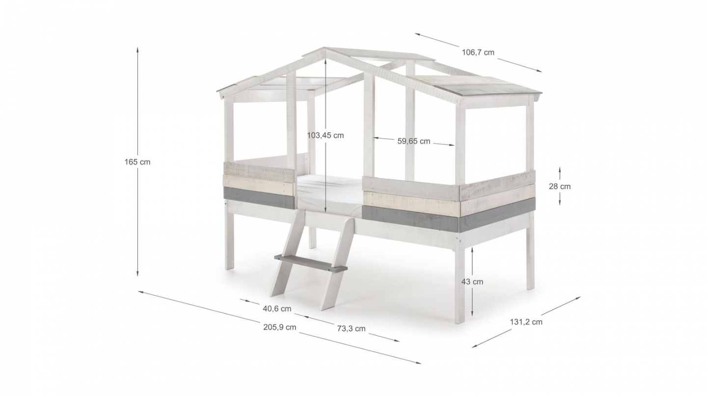 Lit cabane enfant rustique 90x190 cm en bois blanchi / gris - Martin