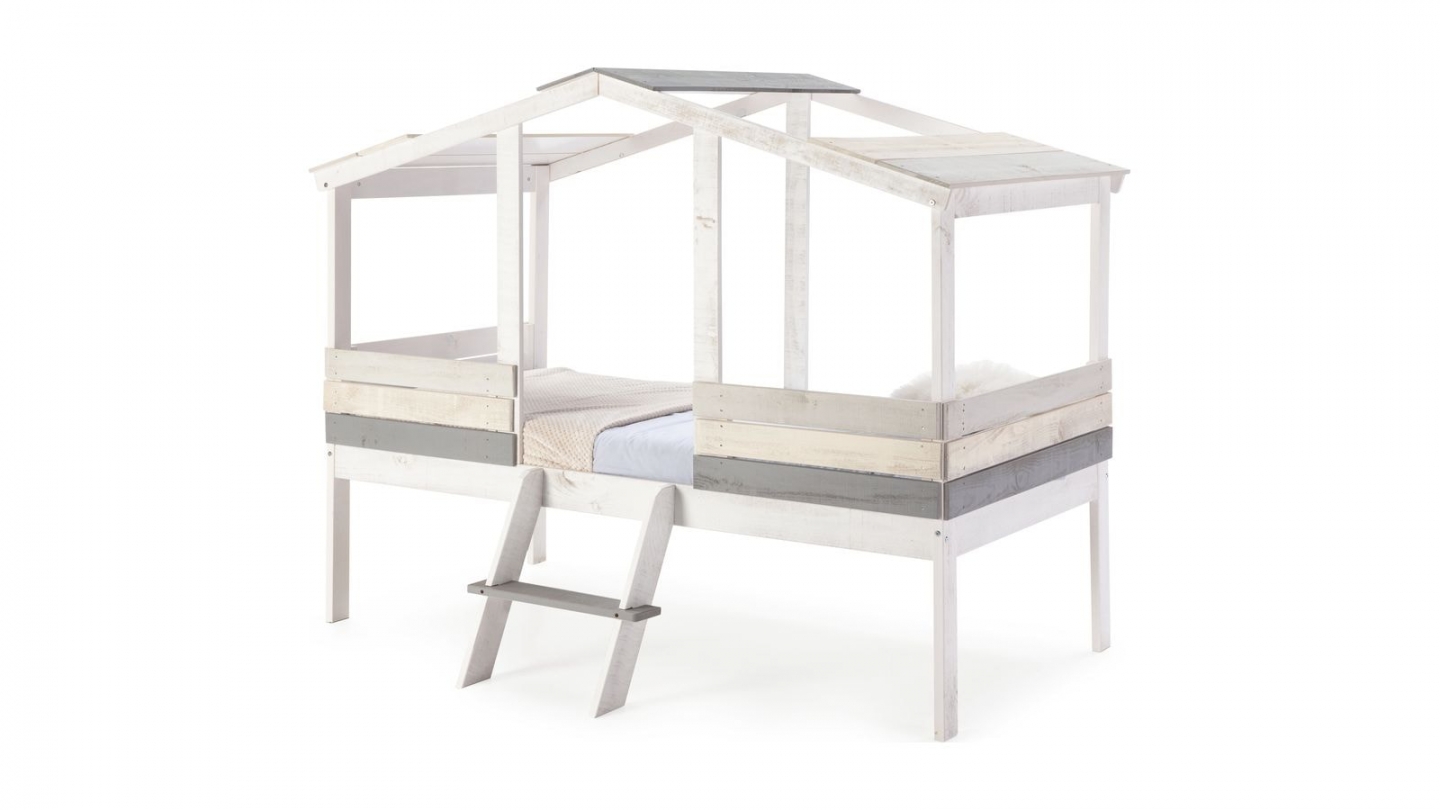 Lit cabane enfant rustique 90x190 cm en bois blanchi / gris - Martin