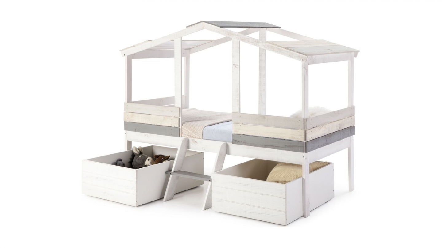 Lit cabane enfant rustique 90x190 cm en bois blanchi / gris - Martin