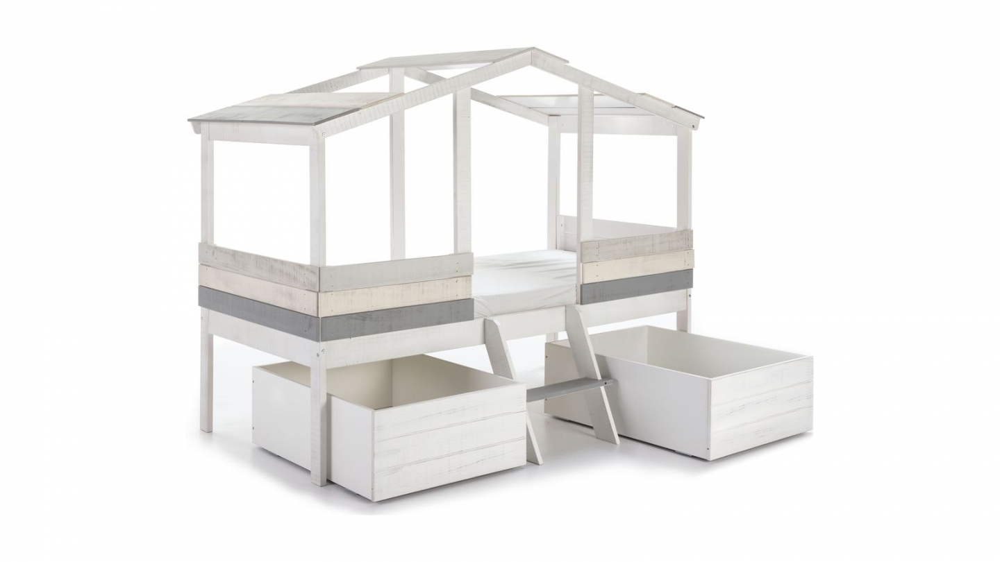 Lit cabane enfant rustique 90x190 cm en bois blanchi / gris - Martin