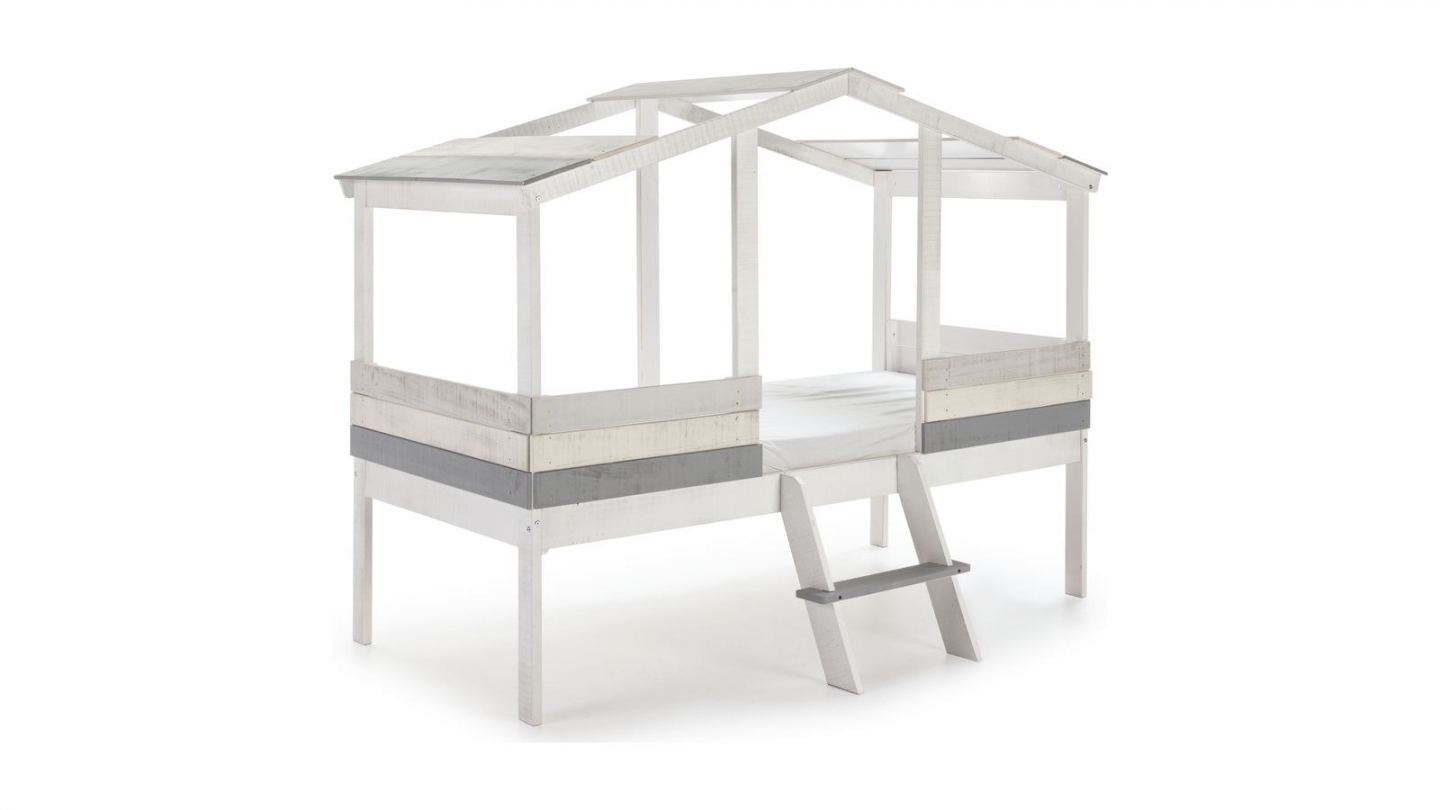 Lit cabane enfant rustique 90x190 cm en bois blanchi / gris - Martin