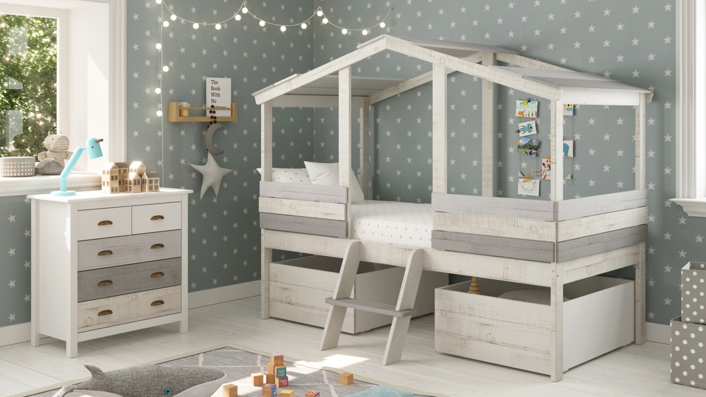 Lot de 2 tiroirs pour lit cabane enfant rustique 90x190 cm en bois blanchi / gris - Martin