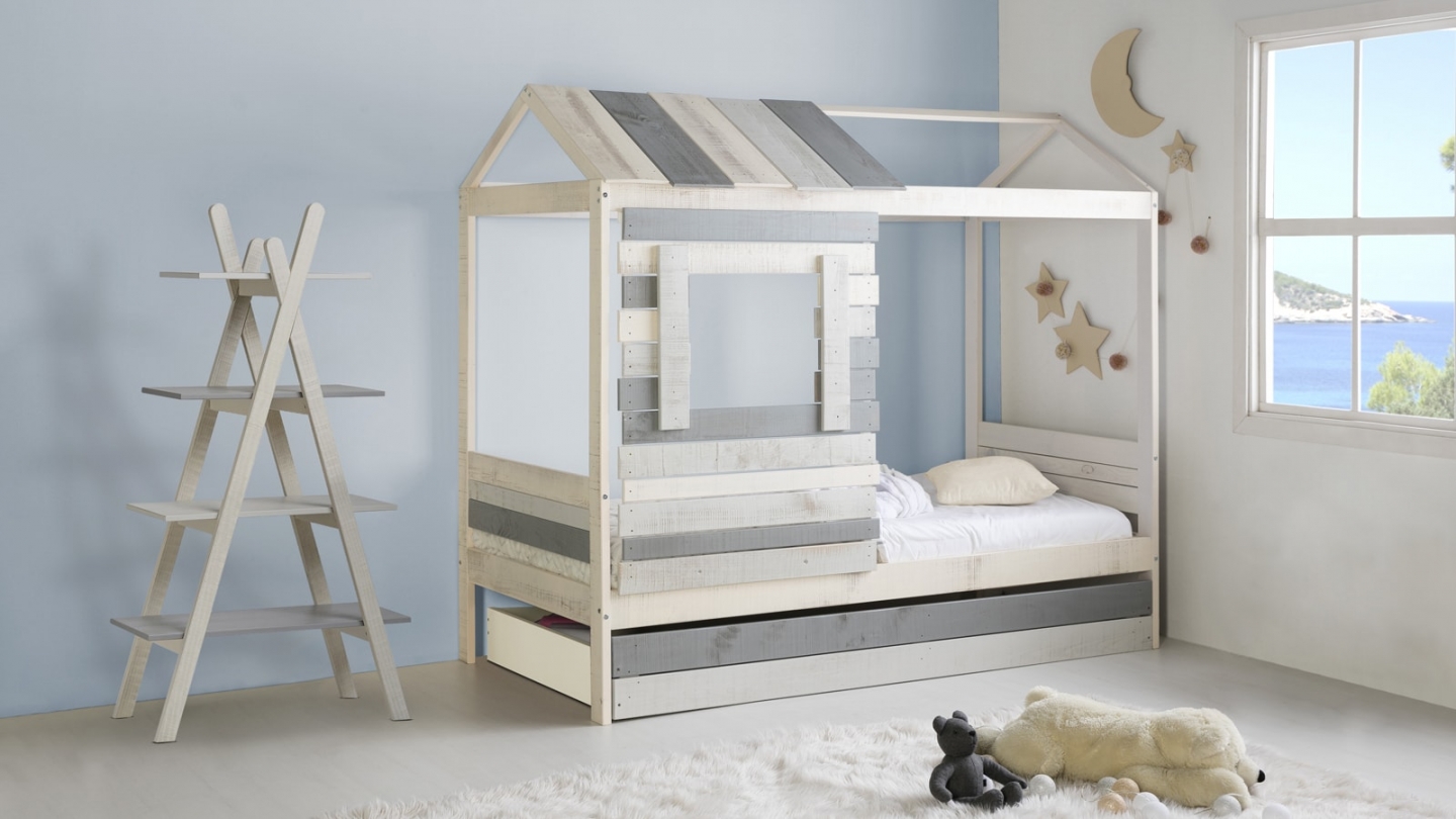 Lit cabane enfant rustique 90x190 cm en bois clair / gris - Sue