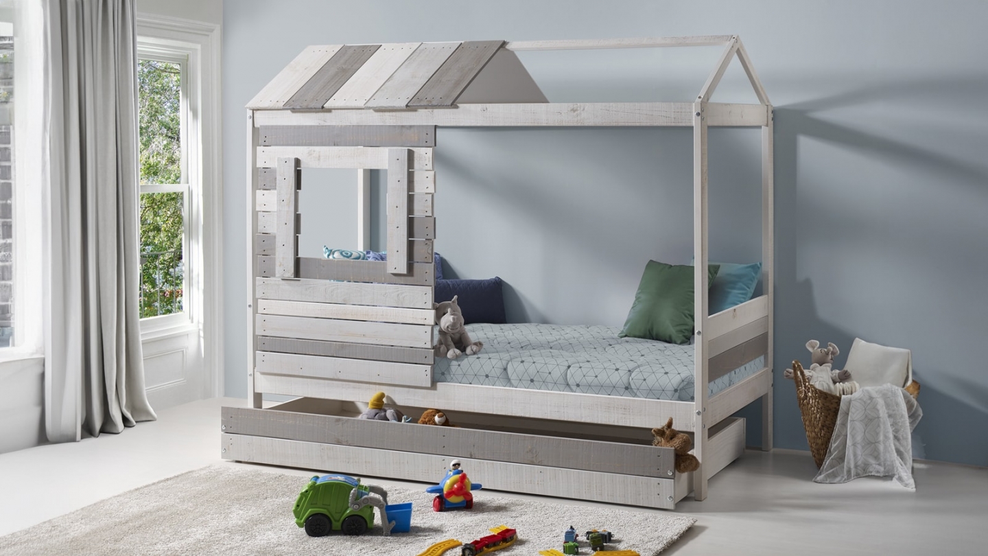 Lit cabane enfant rustique 90x190 cm en bois clair / gris - Sue