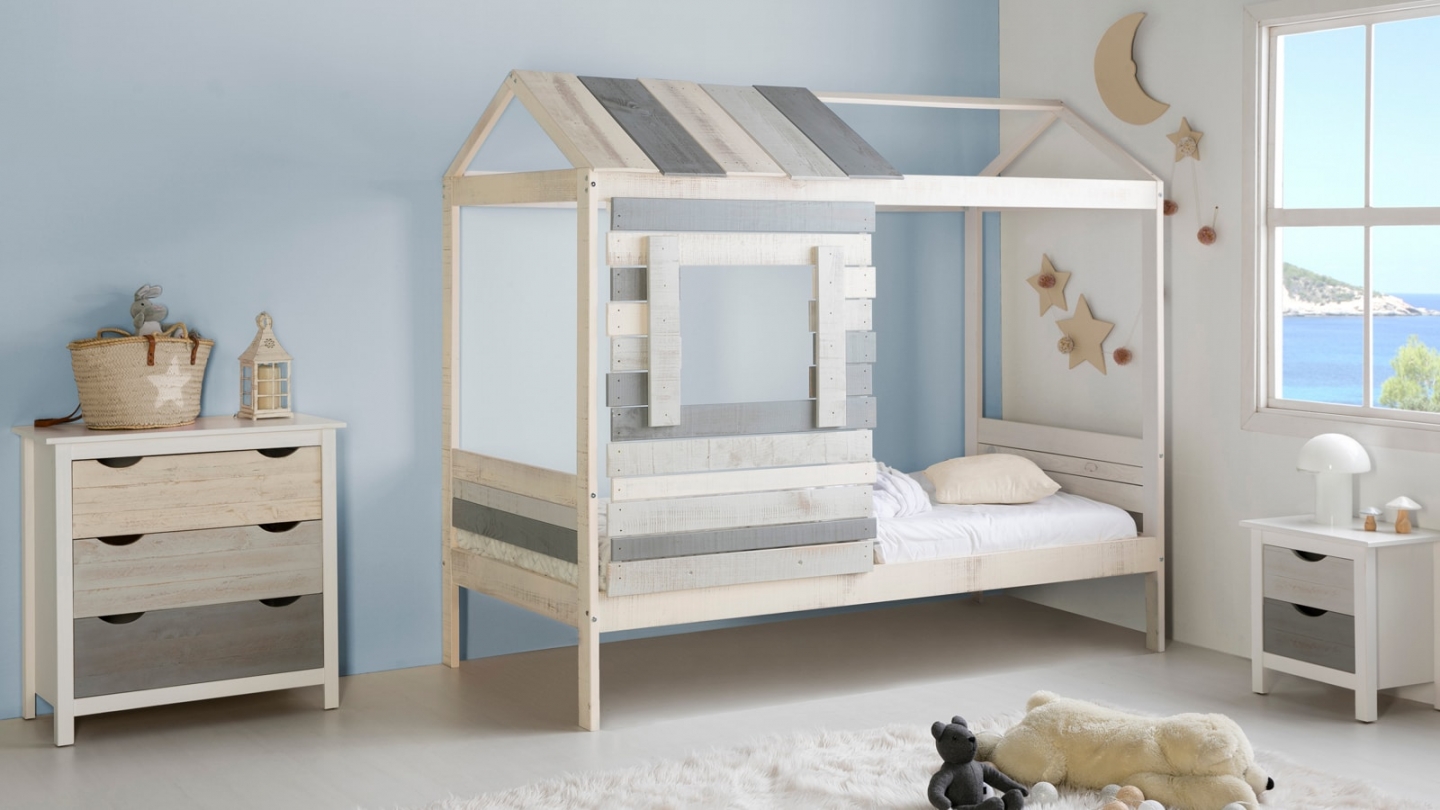 Lit cabane enfant rustique 90x190 cm en bois clair / gris - Sue