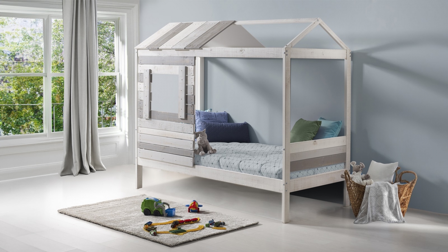 Lit cabane enfant rustique 90x190 cm en bois clair / gris - Sue