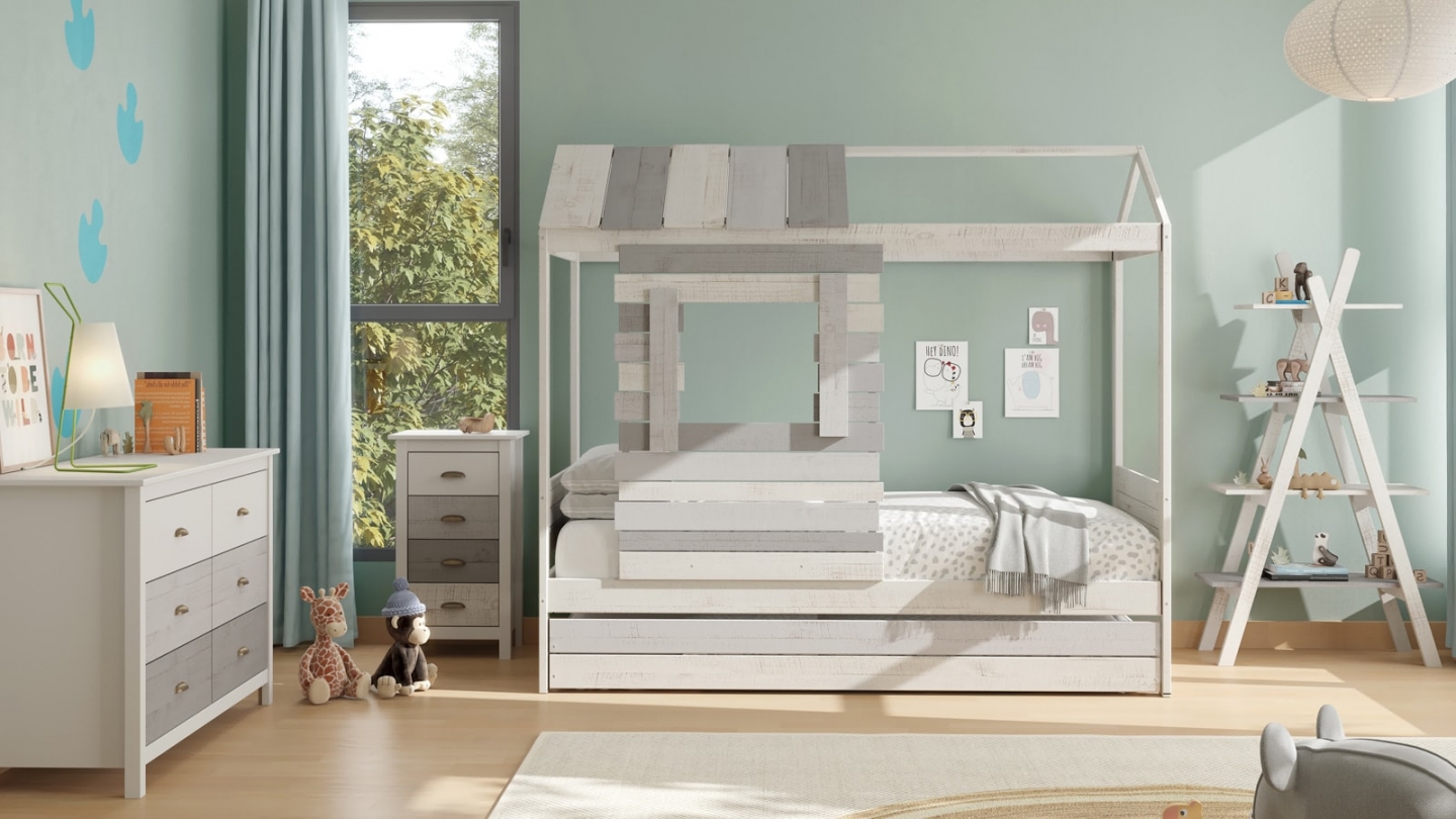 Lit cabane enfant rustique 90x190 cm en bois clair / gris - Sue