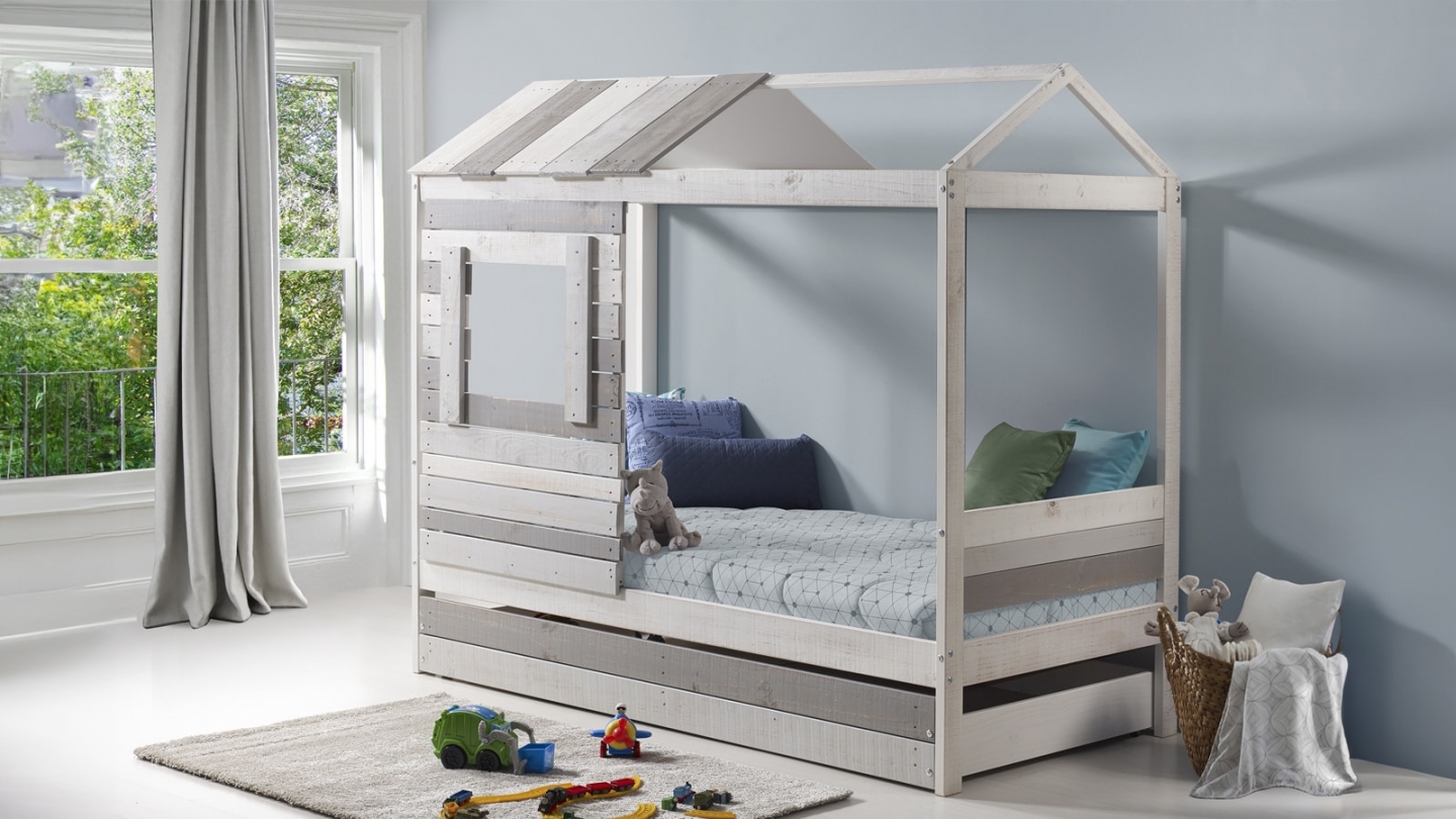 Lit cabane enfant rustique 90x190 cm en bois clair / gris - Sue