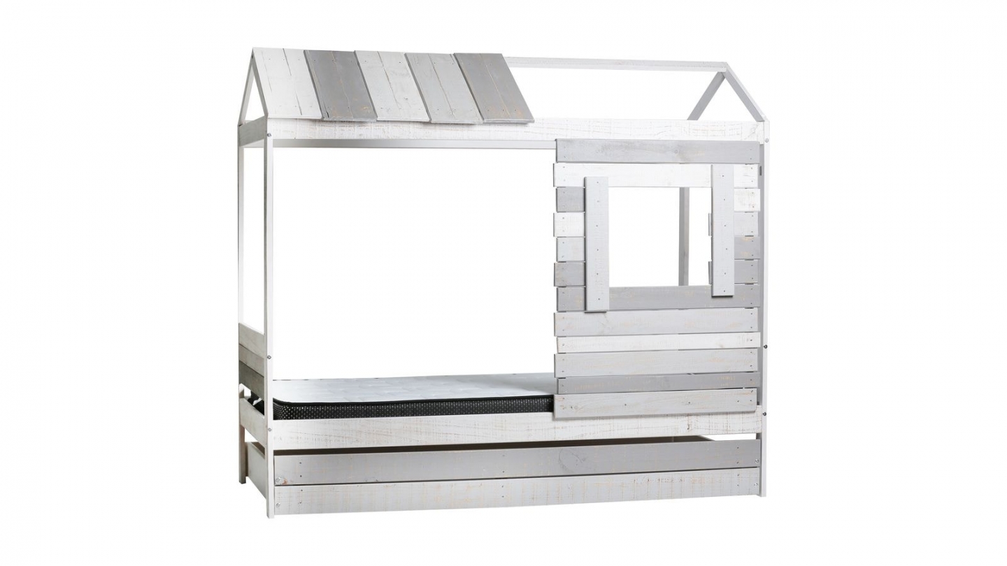 Lit cabane enfant rustique 90x190 cm en bois clair / gris - Sue