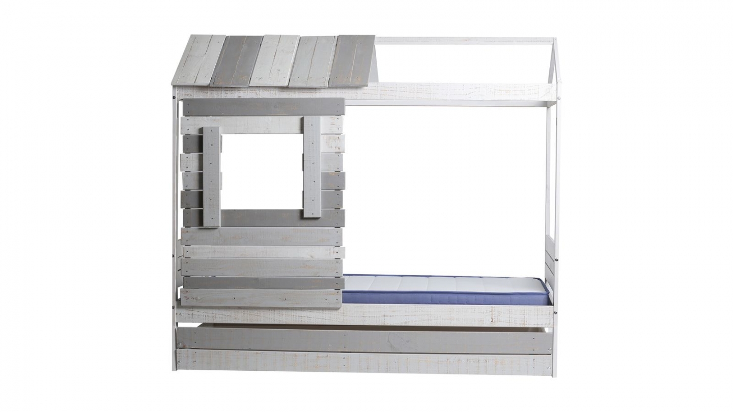 Lit cabane enfant rustique 90x190 cm en bois clair / gris - Sue