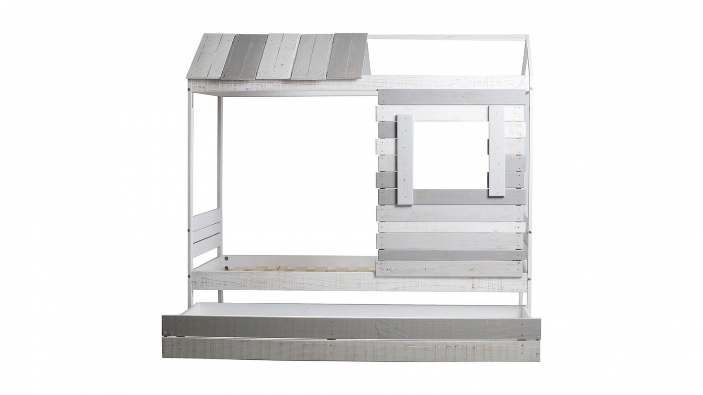 Lit cabane enfant rustique 90x190 cm en bois clair / gris - Sue