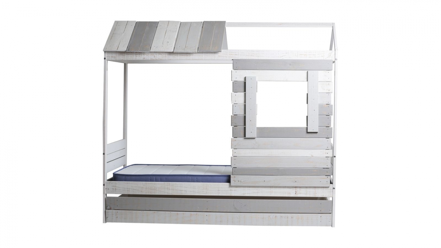 Lit cabane enfant rustique 90x190 cm en bois clair / gris - Sue