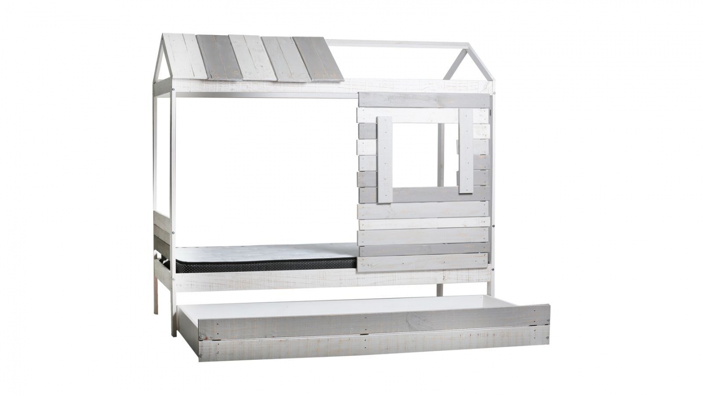 Lit cabane enfant rustique 90x190 cm en bois clair / gris - Sue