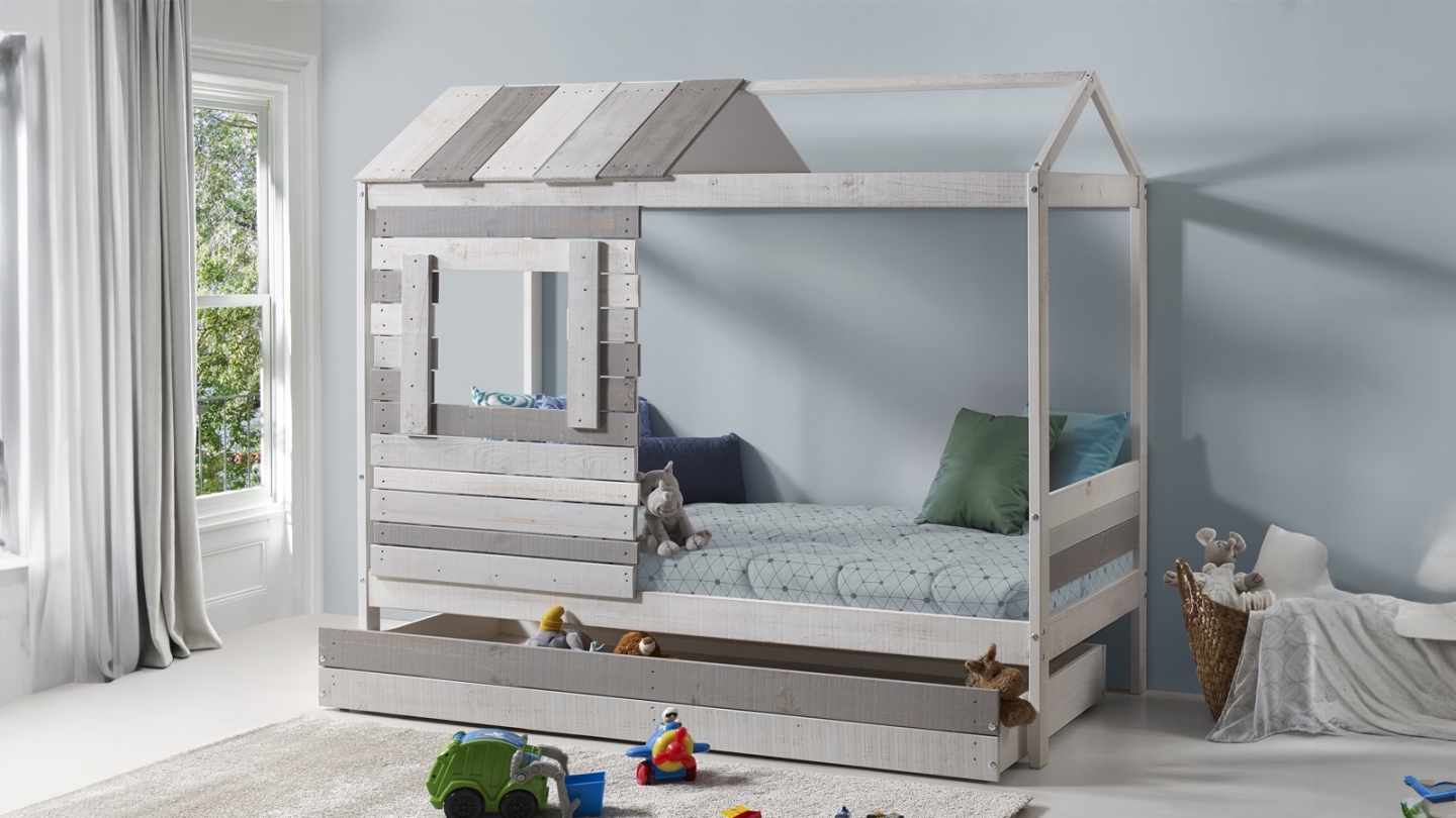 Tiroir pour lit cabane enfant rustique 90x190 cm en bois clair / gris - Sue