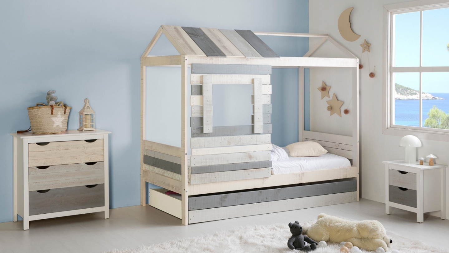 Tiroir pour lit cabane enfant rustique 90x190 cm en bois clair / gris - Sue