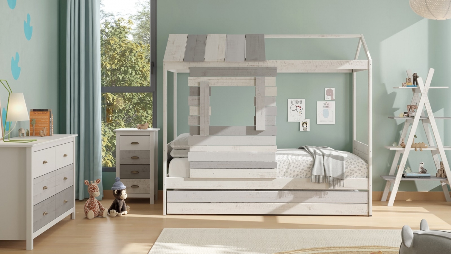 Tiroir pour lit cabane enfant rustique 90x190 cm en bois clair / gris - Sue