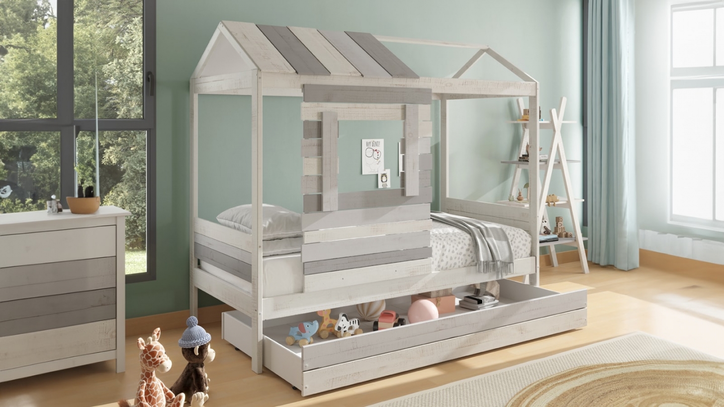 Tiroir pour lit cabane enfant rustique 90x190 cm en bois clair / gris - Sue