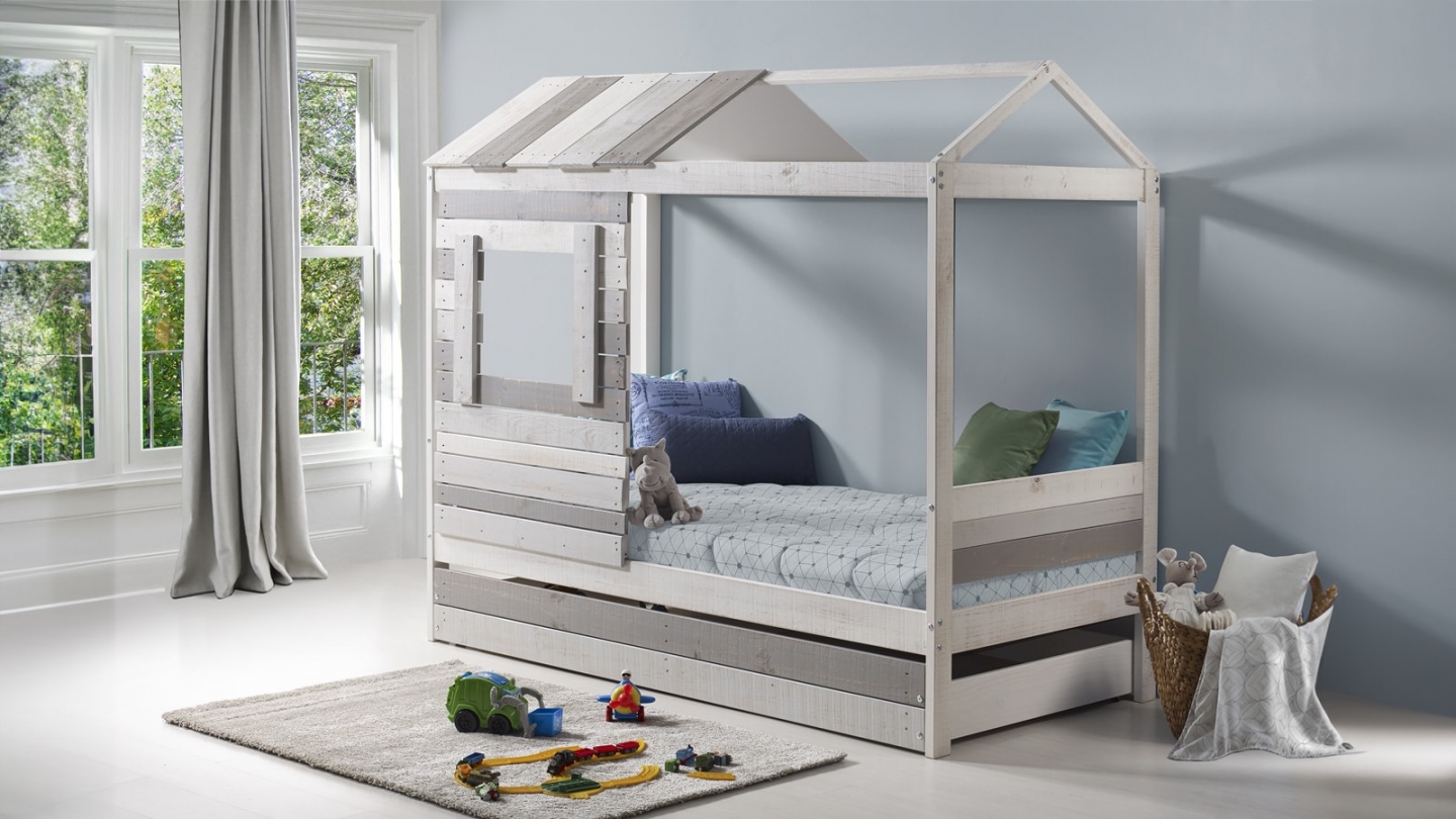 Tiroir pour lit cabane enfant rustique 90x190 cm en bois clair / gris - Sue