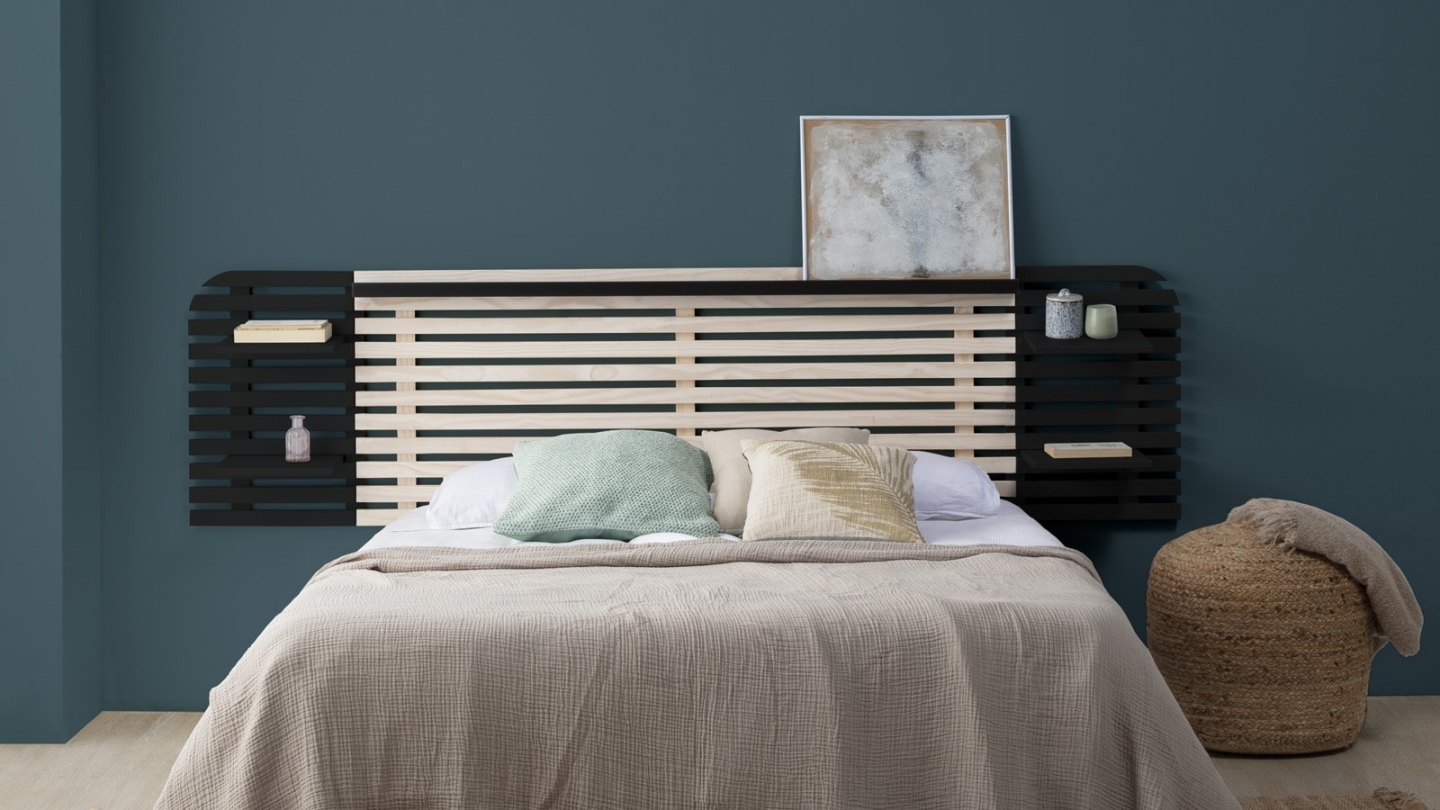 Tête de lit adulte en lattes de bois blanchi / noir 240 cm avec chevets intégrés - Scala