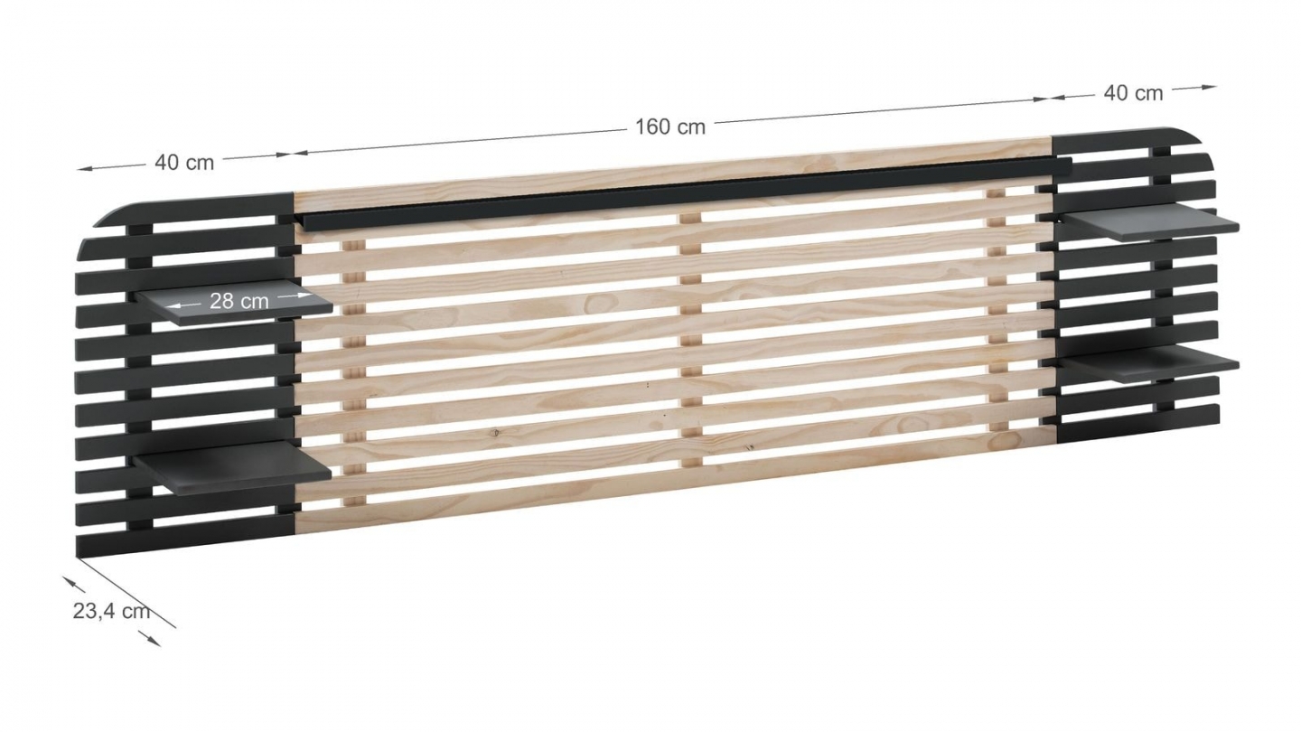 Tête de lit adulte en lattes de bois blanchi / noir 240 cm avec chevets intégrés - Scala
