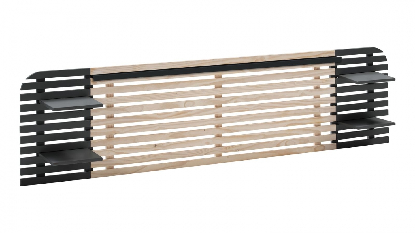 Tête de lit adulte en lattes de bois blanchi / noir 240 cm avec chevets intégrés - Scala
