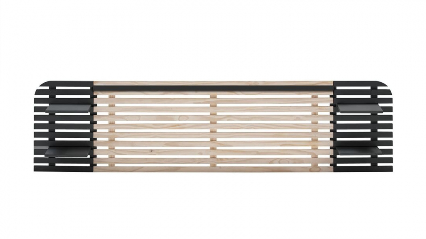 Tête de lit adulte en lattes de bois blanchi / noir 240 cm avec chevets intégrés - Scala