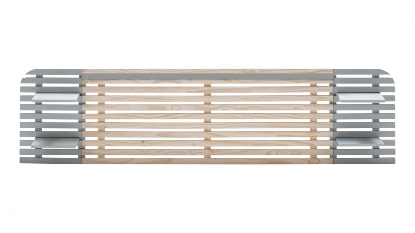 Tête de lit adulte en lattes de bois blanchi / gris 240 cm avec chevets intégrés - Scala
