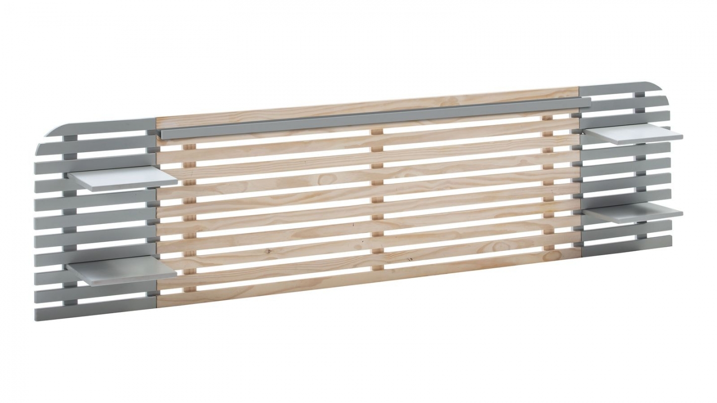 Tête de lit adulte en lattes de bois blanchi / gris 240 cm avec chevets intégrés - Scala