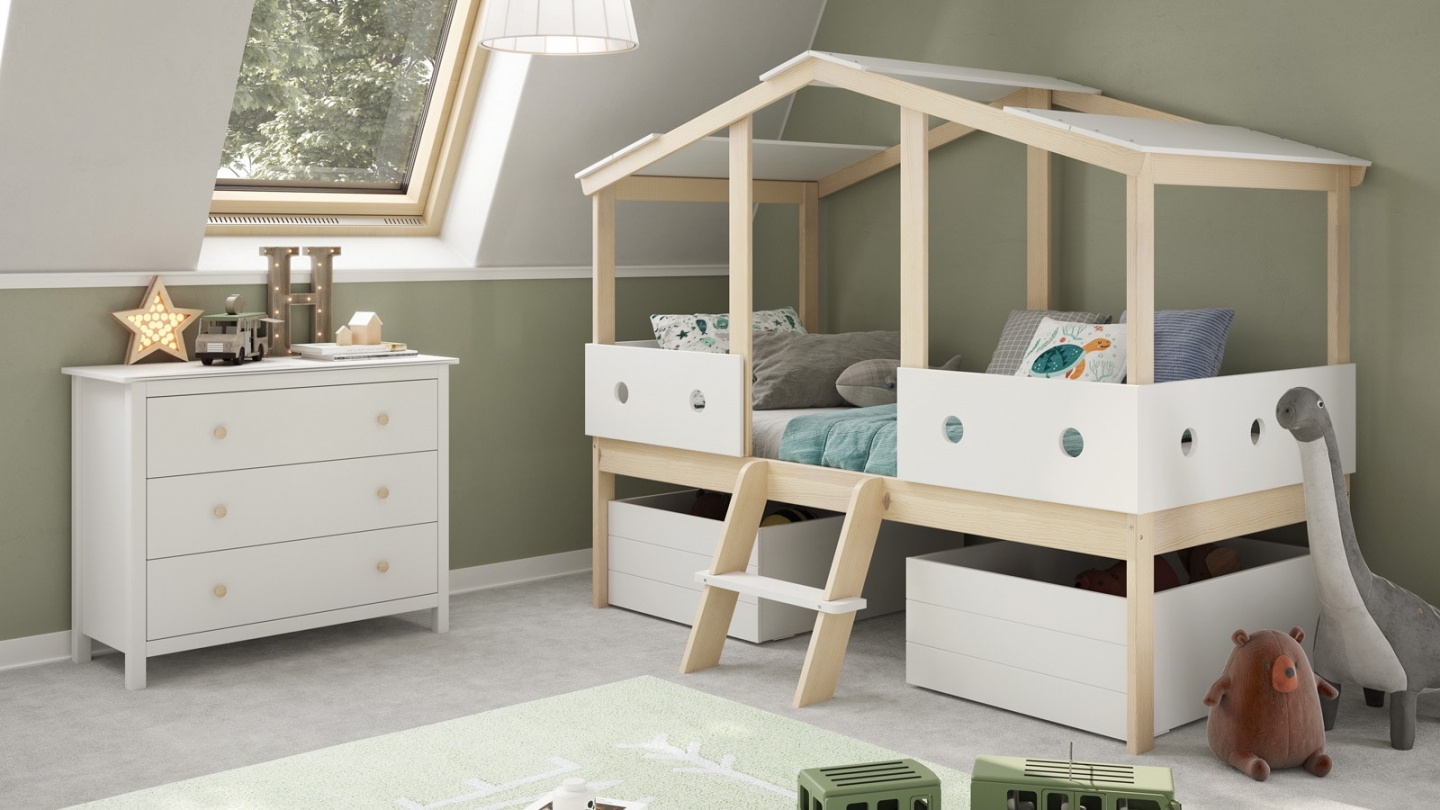 Lit cabane enfant 90x190 cm en bois clair / blanc - Antonin