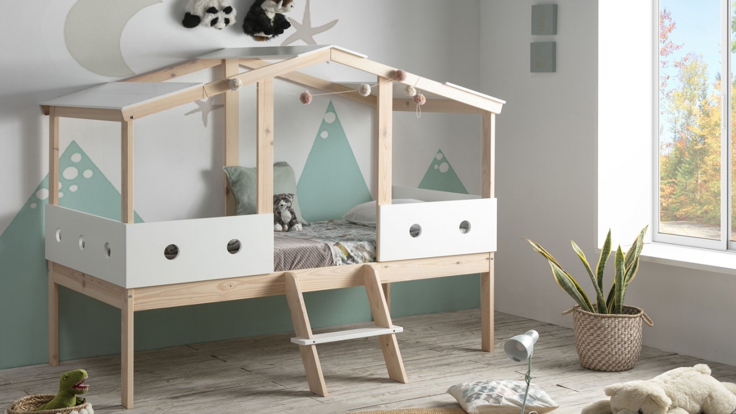 Lit cabane enfant 90x190 cm en bois clair / blanc - Antonin