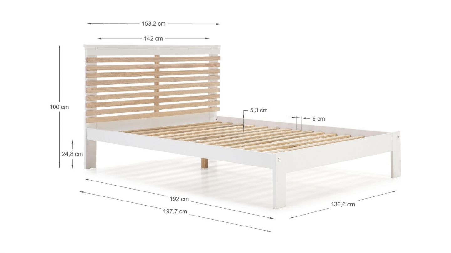 Lit adulte 140x190 cm avec tête de lit à lattes en bois clair / blanc - Lucy