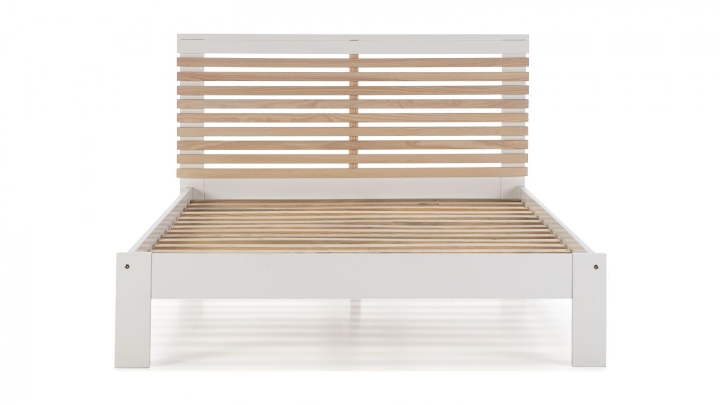 Lit adulte 140x190 cm avec tête de lit à lattes en bois clair / blanc - Lucy