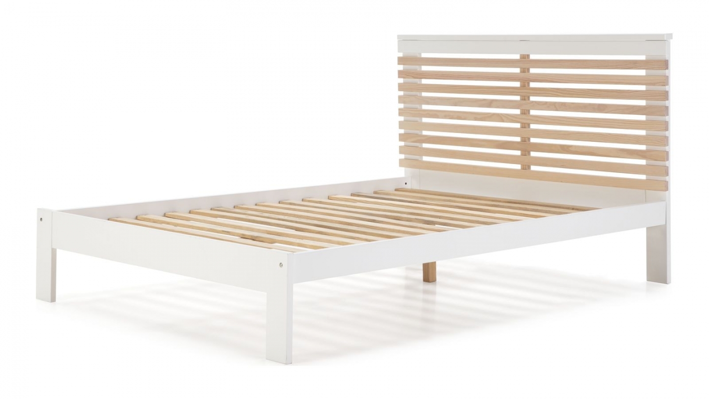 Lit adulte 140x190 cm avec tête de lit à lattes en bois clair / blanc - Lucy