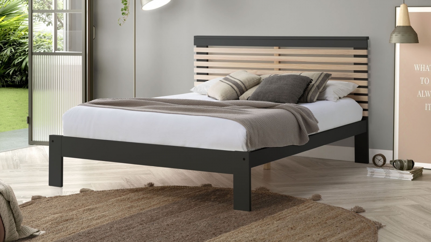 Lit adulte 140x190 cm avec tête de lit à lattes en bois clair / gris anthracite - Lucy