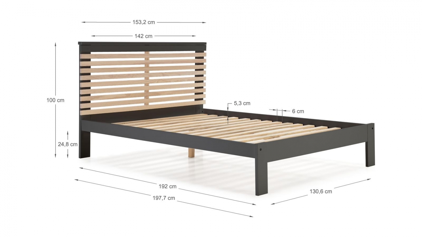 Lit adulte 140x190 cm avec tête de lit à lattes en bois clair / gris anthracite - Lucy