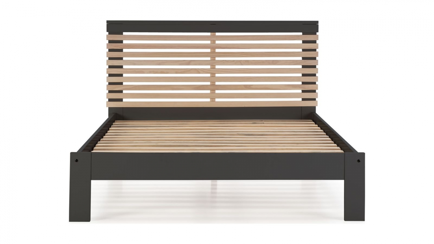 Lit adulte 140x190 cm avec tête de lit à lattes en bois clair / gris anthracite - Lucy