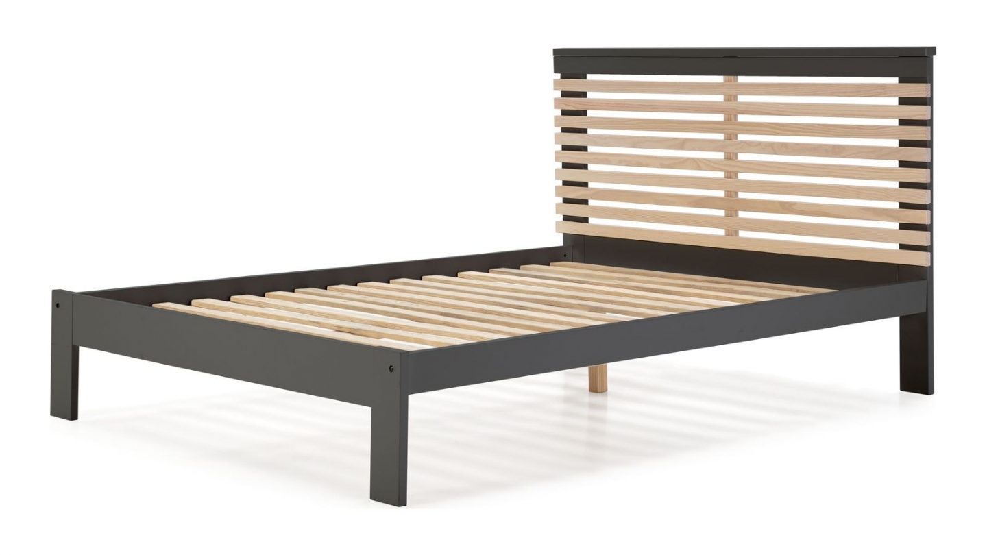 Lit adulte 140x190 cm avec tête de lit à lattes en bois clair / gris anthracite - Lucy