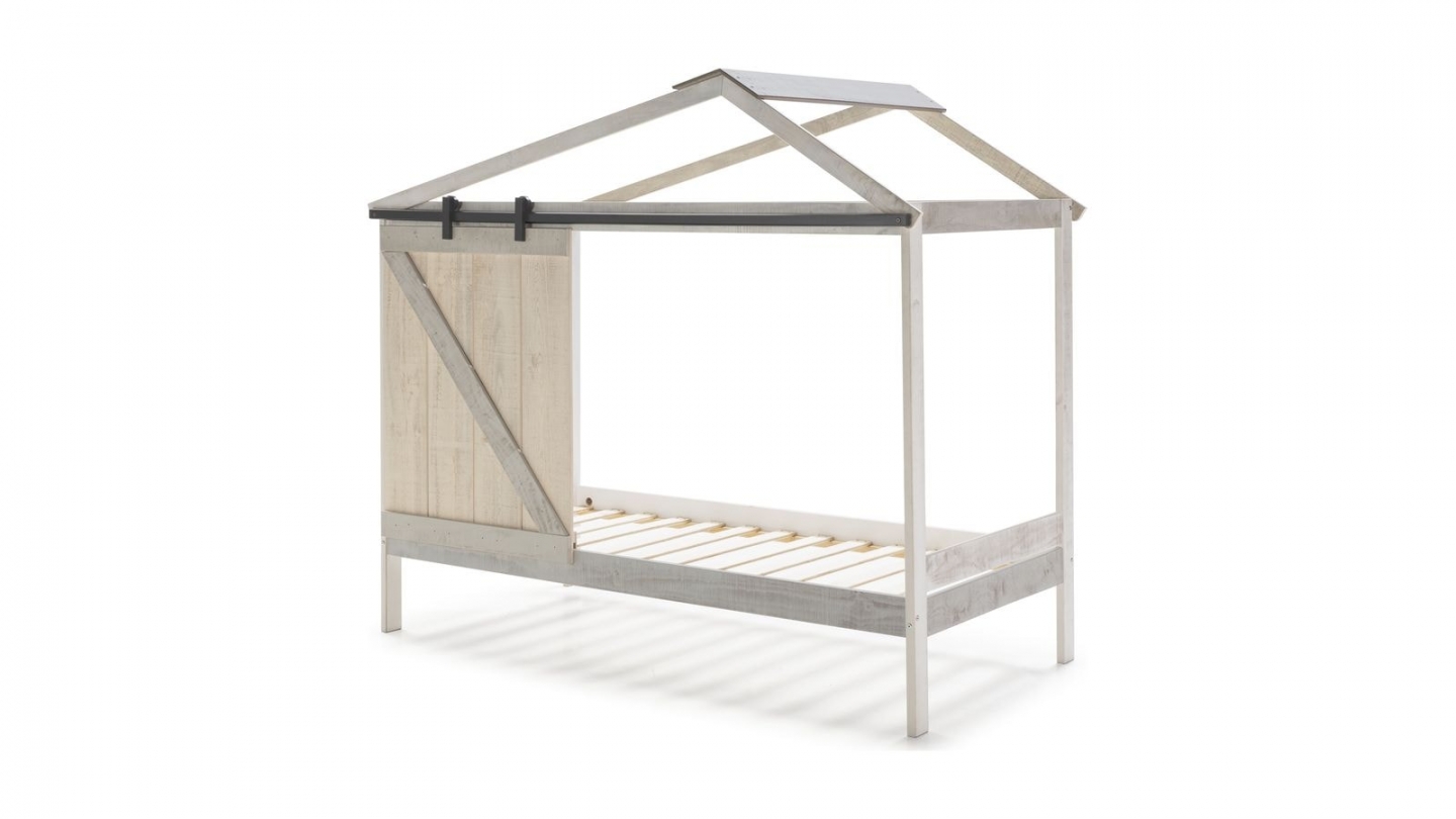 Lit cabane enfant rustique 90x190 cm en bois blanchi / gris - Emile